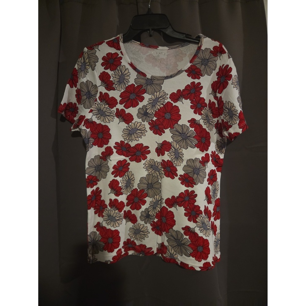 Women's White Stag T Shirt Red Floral Short Sleeve Tee Large 12-14